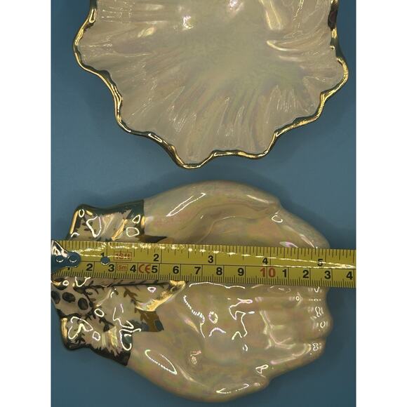 Pair Of 22K Gold Ceramic Iridescent White Signed Leaf & Hands Trinket Dish VTG - Picture 9 of 9